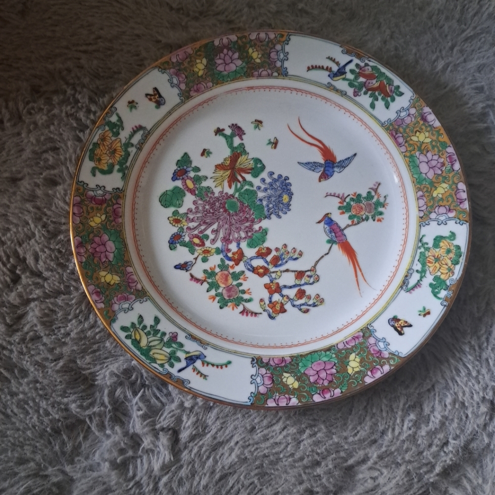 Old Chinese Porcelain Painting Plate, Hand Painted Birds & Flowers X4 Dinner
